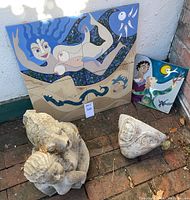 Group shot of all items including tiles, sculpture and planter