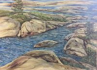 Close-up of the painting showing rocky shoreline, water, green trees, and distant land with sky.