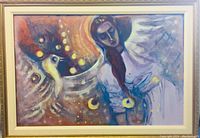 Framed acrylic painting showing the full artwork with a figure and bird in warm tones.