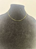 Full view of delicate disc link gold necklace displayed on a black bust stand.