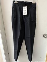 Full view of black Zara dress pants hanging, showing front pleats and pockets.