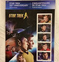 Star Trek 50th Anniversary pane of 5 stamps with characters' portraits and starship images.