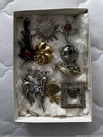 Box with nine assorted brooches including animal, floral, sunburst and geometric designs.