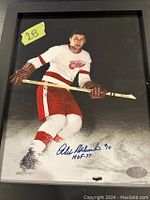 Framed 8x10 color photo of Alex Delvecchio in hockey gear, signed blue ink "Alex Delvecchio #10 HOF 77"