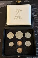 Open black case with 7 Canadian coins from 1971 displayed under white lid marked Royal Canadian Mint.