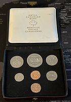 Top view of the 7 Canadian 1974 coins in the original Royal Canadian Mint case.