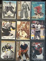 Front side of 9 NHL goalie trading cards featuring various players in full goalie gear and different artistic styles.