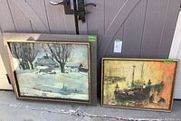 Two framed paintings side by side: one winter rural scene signed Don, one boat scene signed Patricia Cunningham with tear on top