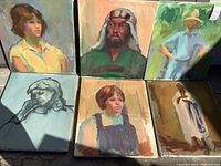 Photo showing six assorted paintings on canvas including portraits and figure studies with various subjects and poses.