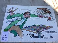 Full view of the signed cartoon art showing man painting with brushes and palette, signed by Karl Hubenthal with the title 'Sergei Doing a Demonstration'.