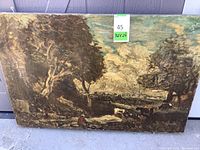 Front view of the large framed canvas painting showing the landscape scene with trees, cows, and a person in red near water.