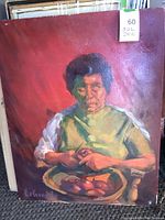 Full view of the oil painting depicting a woman peeling vegetables, signed by LeGrande.