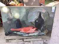 Full view of a large canvas painting showing a wine bottle, a blue jar, and a fish on a table, painted with broad brushstrokes in muted colors.