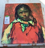 Full view of Sergei Bongart print on canvas showing the portrait of a person in a red garment with a reddish background.