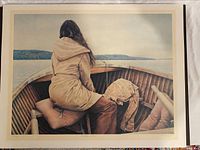 Full view of the print showing a person in a boat with water and land background.