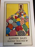 Full view of vintage London Underground poster 'Summer Sales' by M. Koop featuring colorful umbrellas and crowd, bright yellow background.