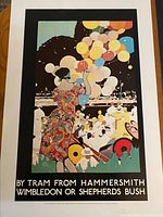 Full view of the colorful 'By Tram from Hammersmith' London Underground poster showing a person with balloons and crowd scene.