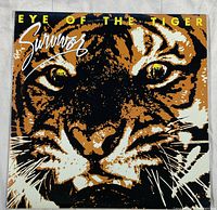Front cover of the Eye of the Tiger vinyl record by Survivor showing detailed tiger face graphic and text.