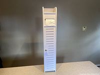 Full view of the tall white bathroom storage cabinet showing the toilet paper compartment at the top and door below.