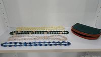 Photo showing all four necklaces and small zippered carrying case arranged on white shelf.