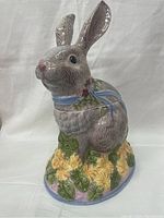 Front view of the ceramic bunny cookie jar showing details, colors, and design