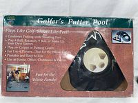 Box front with description of the Golfer's Putter Pool game combining golf putting and pool shooting with details on gameplay and usage.