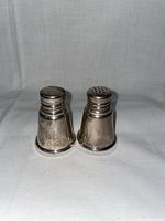 Two polished sterling silver salt and pepper shakers on white cloth background.