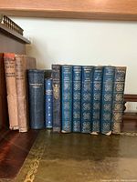 Books arranged in a line showing the titles and spines