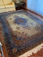 Photo of entire carpet laid on wood floor next to beige couch, showing overall pattern and fringe.