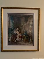 Framed coloured etching showing full artwork with people in a detailed interior, hung on wall.