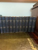 Full set of 12 Shakespeare volumes on a desk, showing dark blue spines with gold lettering.