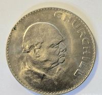 Obverse side of the coin showing Sir Winston Churchill's profile and inscription 'CHURCHILL'.