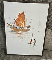 Full view of acrylic painting on canvas showing sailboat with red-orange sails and two figures wading in water.