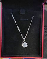Sterling silver moissanite necklace in black box, showing full pendant and chain