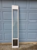 Full view of the narrow white-framed glass panel insert with leaf design on glass and vinyl pet door at bottom.