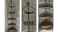 Front and side views of the 5-shelf corner stand showing metal scrollwork and wicker shelves fitting into a corner.