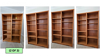 Four angled images showing the two tall oak bookshelves with multiple adjustable shelves, each in clean condition and standing on light-colored flooring against a white wall.