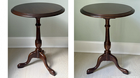 Full views of the round pedestal side table from different angles showing the top and decorative 3-legged base
