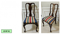 Front and angled view of Ethan Allen Georgian Court dining side chair showing cherry wood stained dark brown with cabriole legs and splat back design, striped multicolor upholstery on the seat cushion.