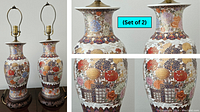 Photo shows two matching vintage porcelain table lamps with detailed multicolor floral and geometric patterns on the lamp body, brass lamp fittings, and wood bases. Close-up images highlight the patterns and lamp details.