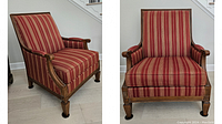 Two angled views of the Macy's armchair showing wood frame, striped red and gold upholstery, and seat cushion.