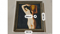 Photo showing framed painting of nude woman holding vase with size measurements overlayed.
