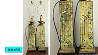 Pair of green and blue glass mosaic tile table lamp bases with black and gold hardware, showing vertical rectangular tiles.