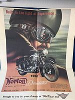 Poster depicting 1950 Norton Dominator motorcycle with rider in helmet and goggles, text about experience and Norton Motors Limited.
