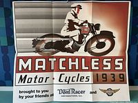 Poster of a man riding a 1939 Matchless motorcycle with Domi Racer branding and logos, stylized graphic design.