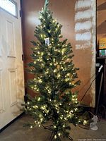 Assembled green pine tree lit with clear lights, shown full height