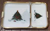 Three vintage Christmas tree serving trays arranged side-by-side showing their sizes and design details.