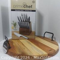 Prime Chef 18-piece knife set in wooden block with packaging box in background