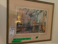 Full view of the framed print showing the entire artwork with seller's tag and handwritten label below the mat.