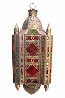 Moroccan lantern with metal and colored glass panels, hanging ring at top